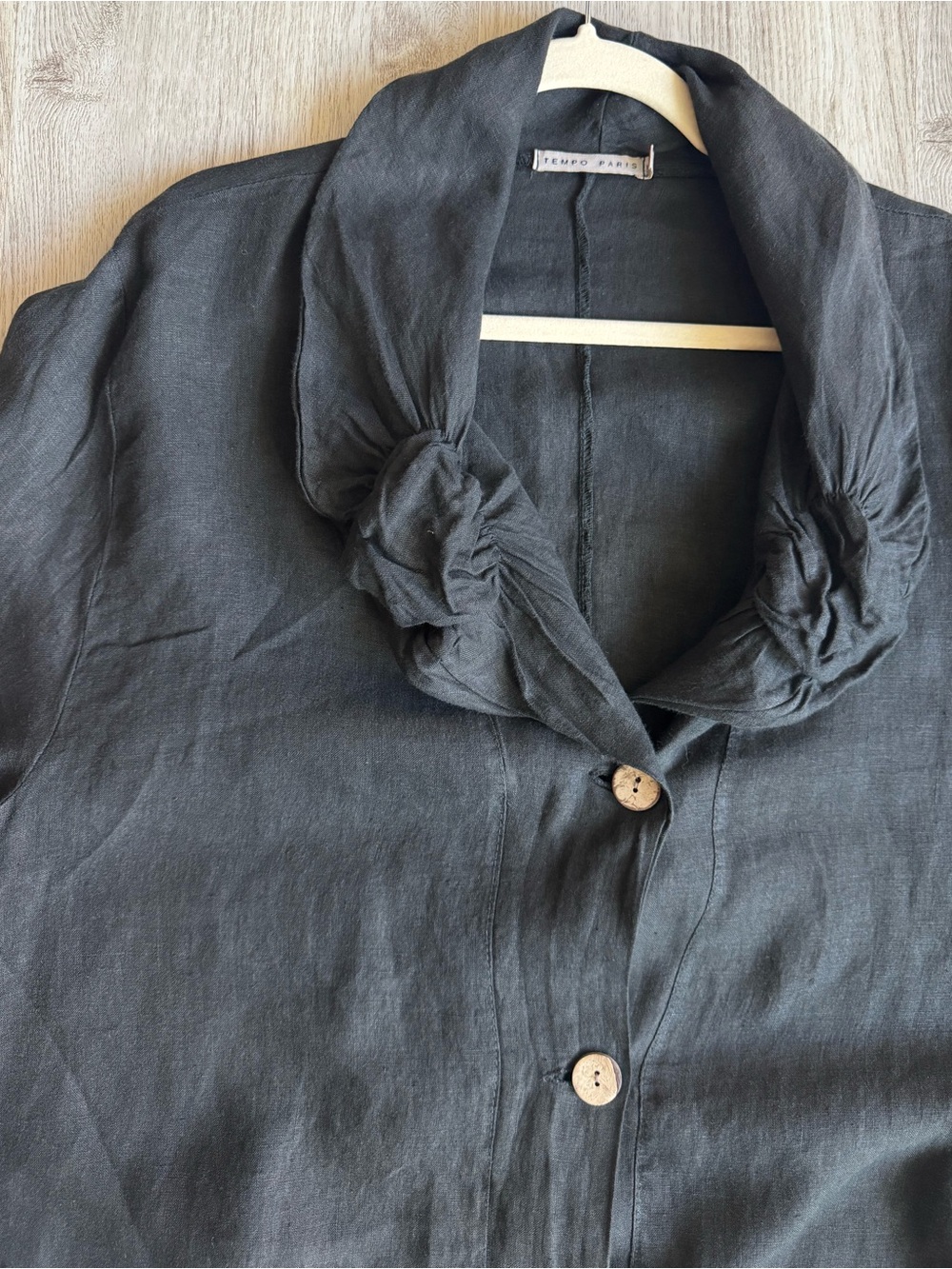 Tempo Paris Italian Linen Black Long Ruffle Asymmetrical Trim Cardigan Jacket L - Picture 10 of 12